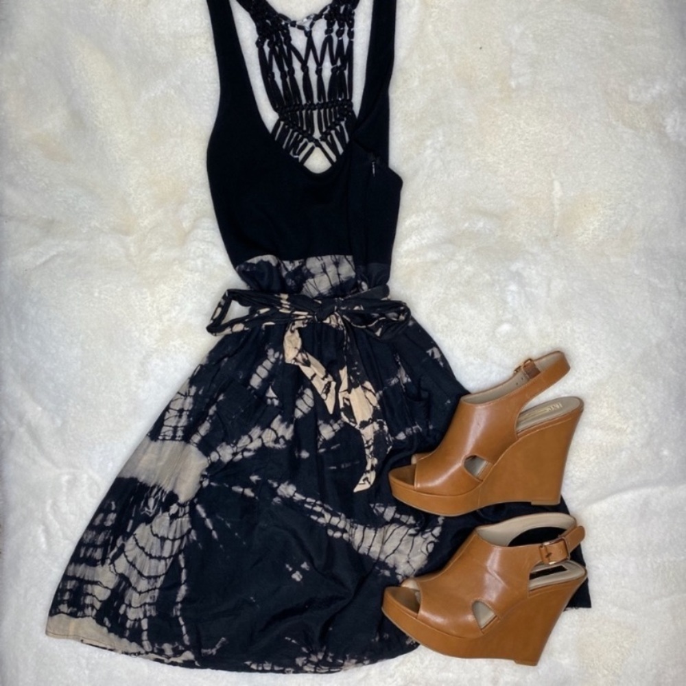 RARE VINTAGE Akiko Black & Tan Tie-Dye Tie-Up Mini Dress